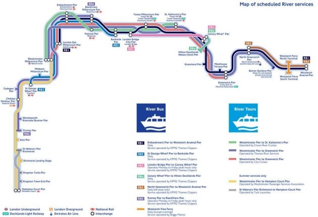 Mappa e piano delle navette fluviali di Londra