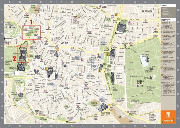 Mappa e pianta dei monumenti di Madrid