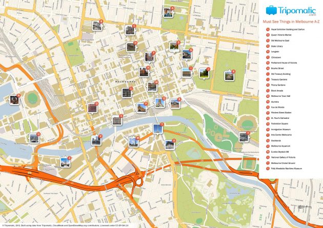 Mappa e pianta dei monumenti di Melbourne
