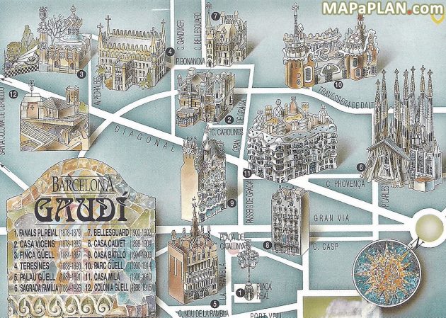 Mappa e pianta dei monumenti di Gaudí