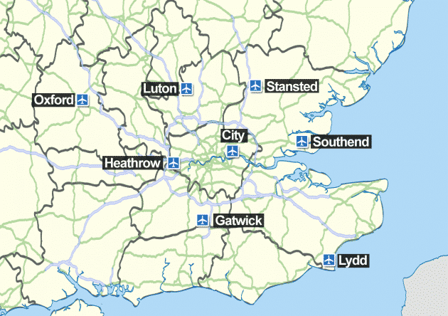 Mappa e indicazioni stradali per gli aeroporti di Londra