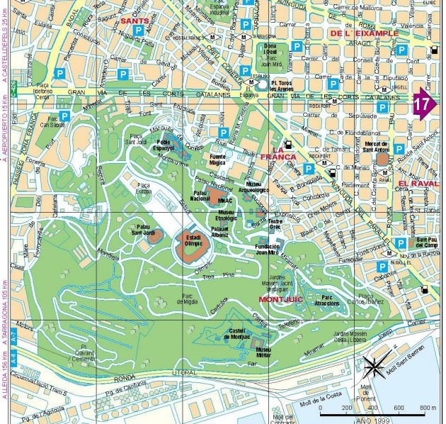 Mappa e cartina dei quartieri Sants e Montjuic di Barcellona