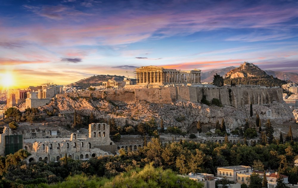 Il tempio del Partenone sull'Acropoli di Atene, Grecia, al tramonto